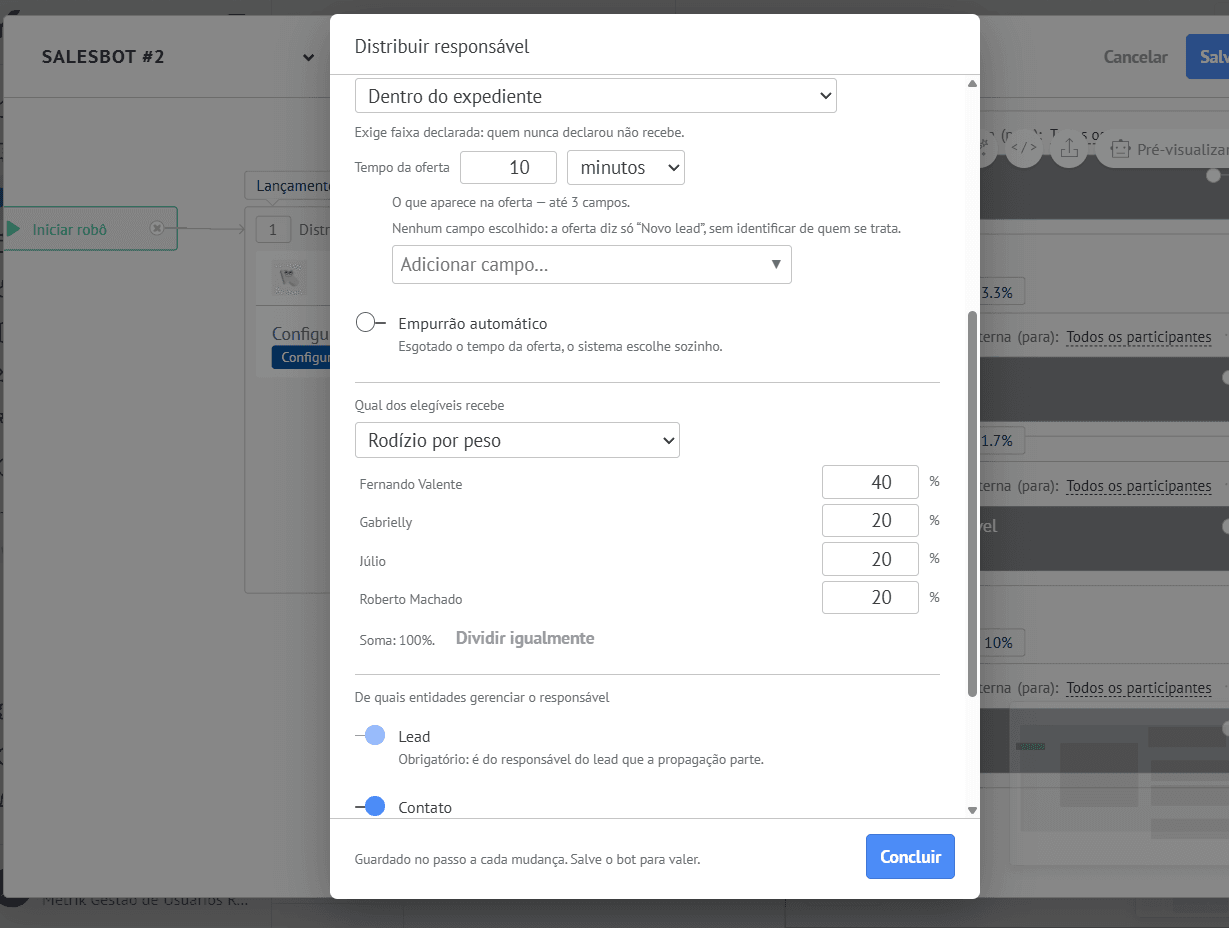 Configurações avançadas da distribuição no Salesbot